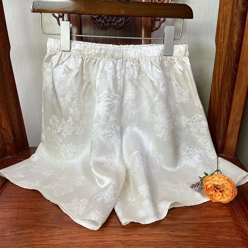 Women's Solid Color Summer New Chinese Style Retro Chic Satin Printed Elastic Loose All-match High-waist Casual Wide-leg Shorts