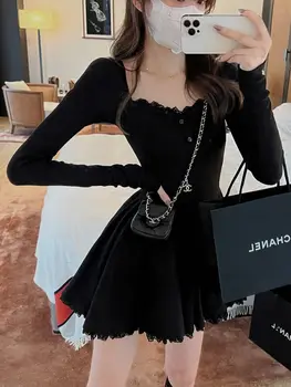 Abito sexy con bordi in pizzo Nuovo stile autunnale Petite manica lunga che lascia la vita Elegante gonna corta gonfia a trapezio piccante 1