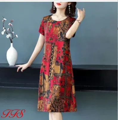 Retro Ice Silk Print Dress Short Sleeve Midi Length for Middle-Aged And Elderly Women Summer New Style Comfortable Fit Dress