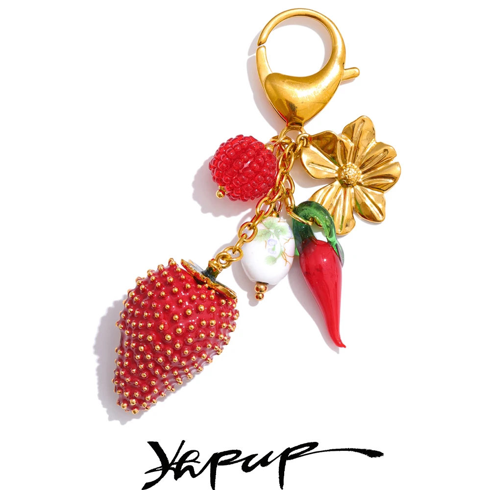 Yhpup Red Enamel Fruit Flower Strawberry Keychain Pendant Car Key Chains