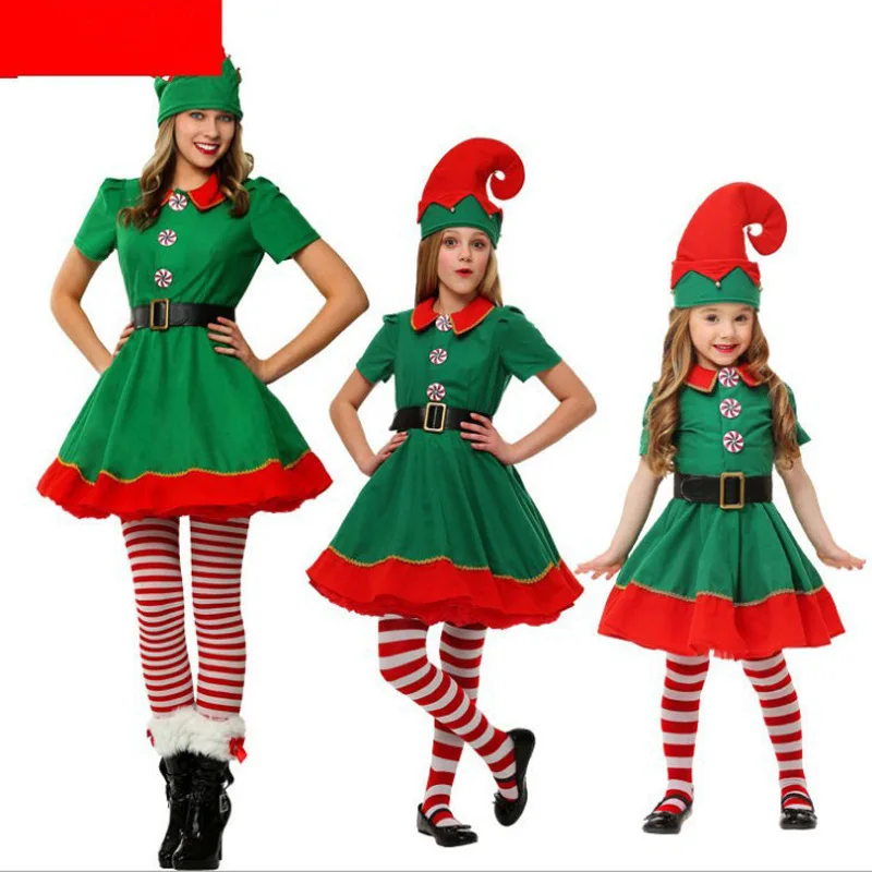 

Women Christmas Elf Girl Costumes Long Sleeve Dress And Belt Hat Shoes Striped Stockings Party Role-playing Cosplay Dropshipping