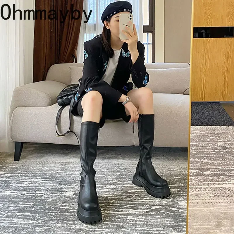 Women Knee High Boots Winter Chunky Platform Heels Round Toe Zipper Thick Sole Ladies Fashion