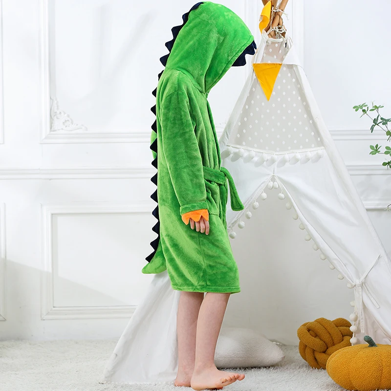 MICHLEY Cartoon Dinosaur Flannel Kids Bathrobe Bath Robe Pajamas Hooded Sleepwear for Girls Boys 3Y-13Y