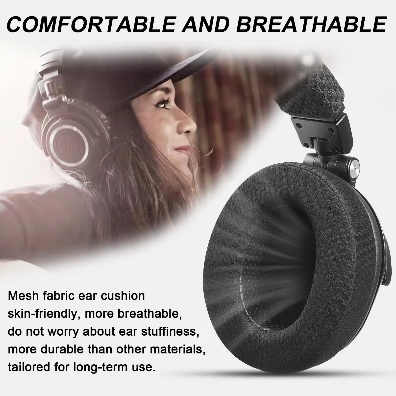Upgraded Replacement Mesh Fabric Earpads Cushions for HyperX Cloud/Alpha, Audio Technica M50X/M40X headphones (Added Thickness)