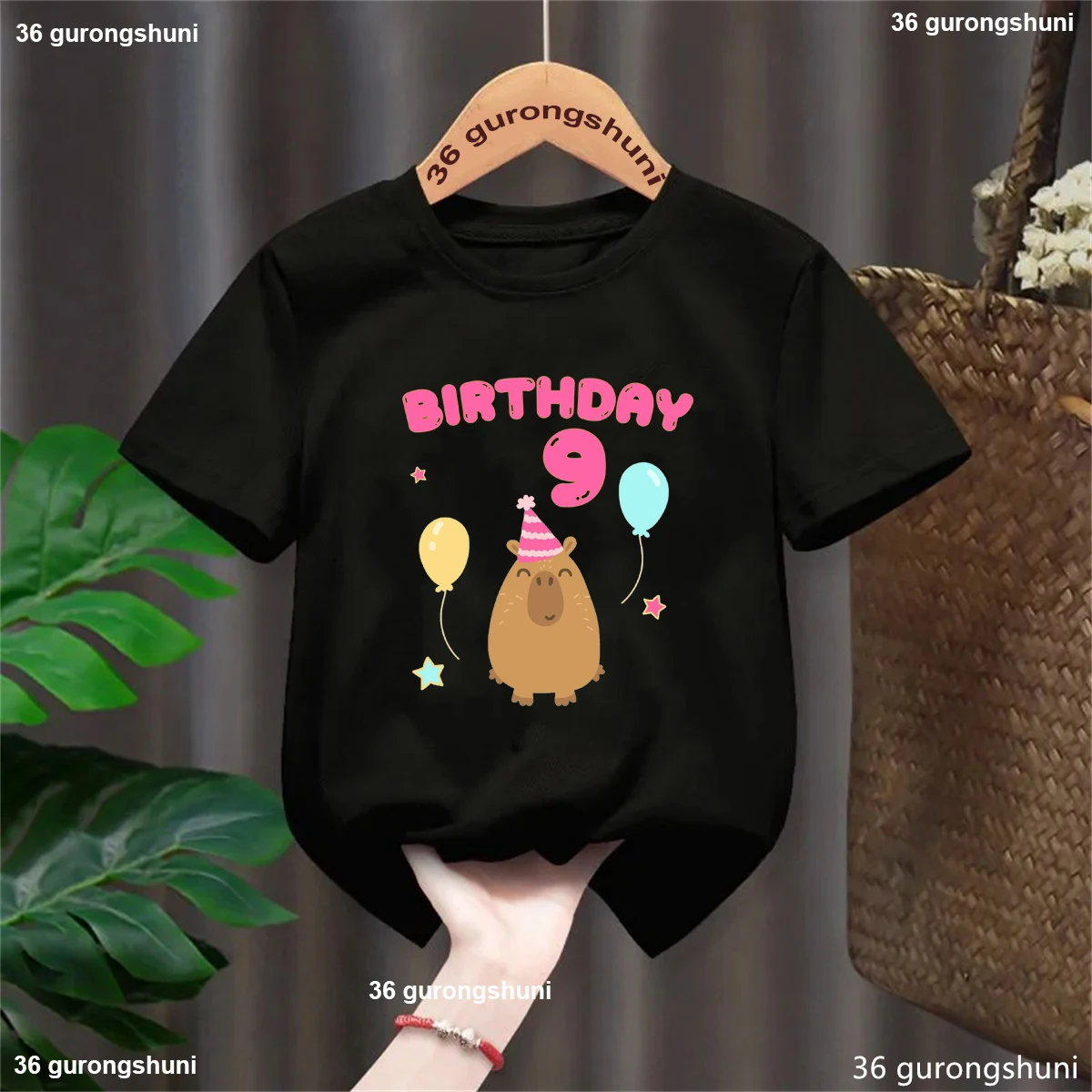 5th/6th/7th/8th/9th Birthday Capybara Balloon Printed Tshirt Girls/Boys Funny Kawaii Kids Clothes Fashion Solid T-Shirt Tops 5