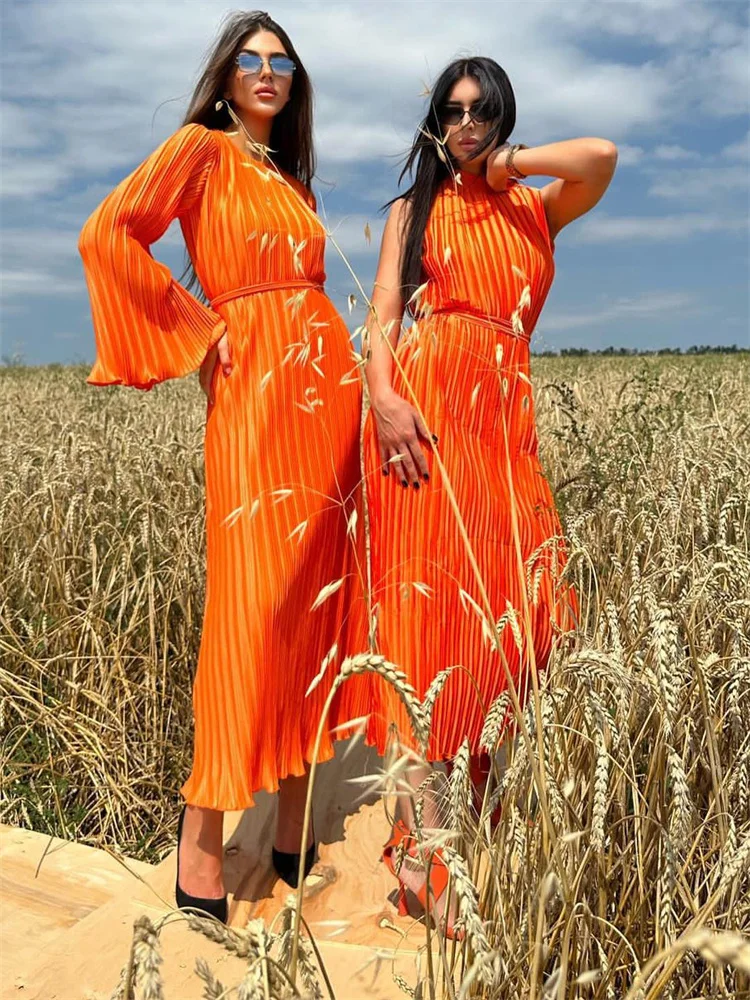 Vestido largo acanalado con volantes y cordones para mujer, manga larga, cintura alta, elegante, para fiesta, otoño, estilo vendaje