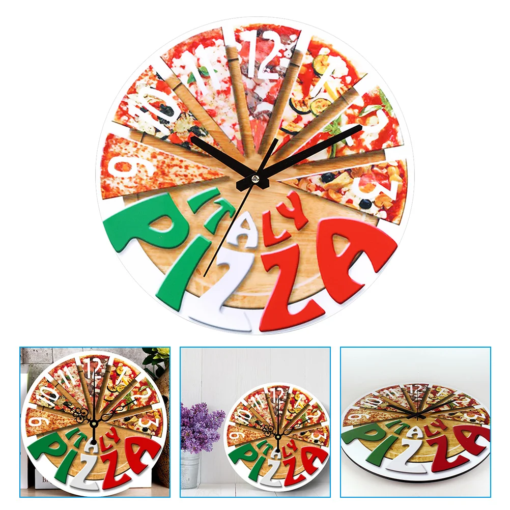 Modern Silent Pizza Wall Clock Fiber Wood Home Decor Living Room Battery Operated Non Ticking Large Style