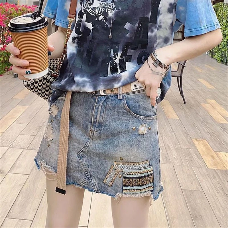 

2023 Summer Fashion New Personalized European High Waist Slim A-line Light Blue Distressed Denim Skirt Women's Trend