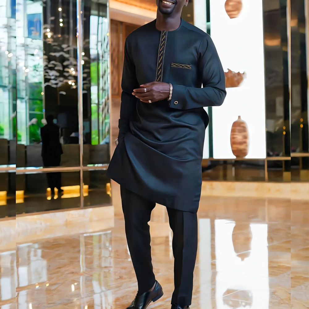 2024 New Luxury Full Set Men\'s Suit Pants Set Solid Color Round Neck Embroidery Long Sleeve Party Social African Ethnic Style