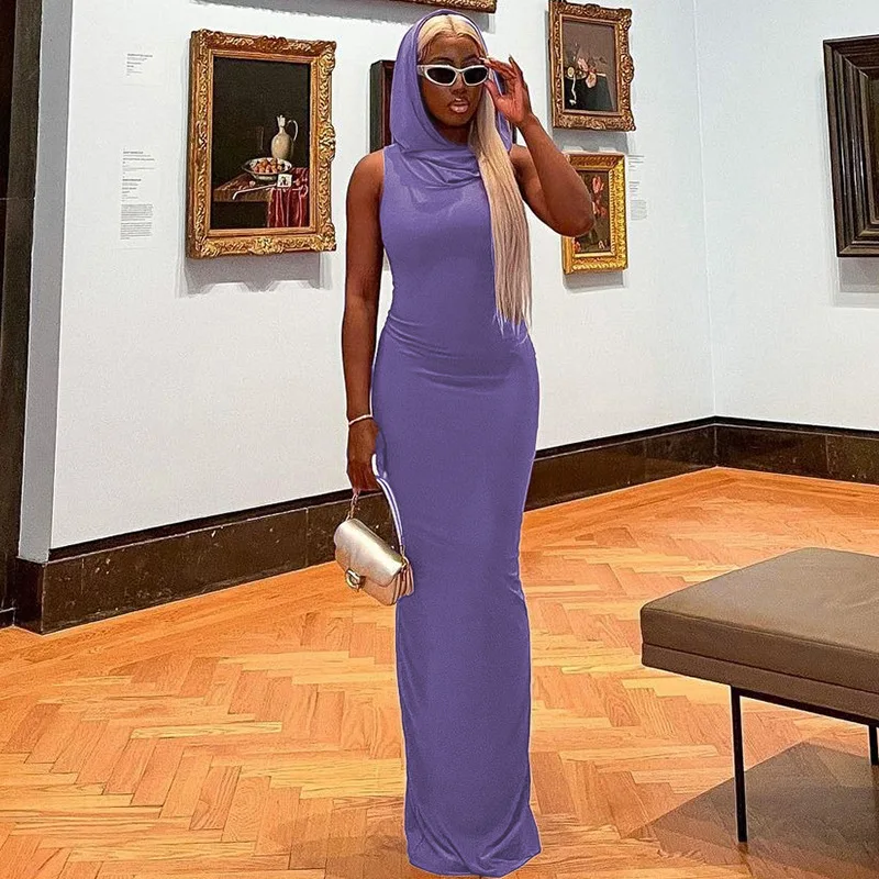 

Style Women's Summer New Fashion Solid Color Hooded Back Slit Sleeveless Dress Wholesale-HT