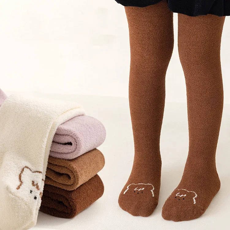 Winter Thicken Children Pantyhose Soft Velvet Tights for Girls Bear Print Elastic High Waist Toddler Baby Infant Tights 0-8Yrs