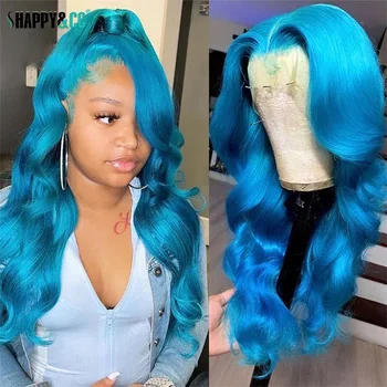 Parrucche anteriori in pizzo sintetico blu Parrucca colorata a onda del corpo Parrucca lunga ondulata naturale per cosplay Parrucca resistente al calore senza colla per le donne