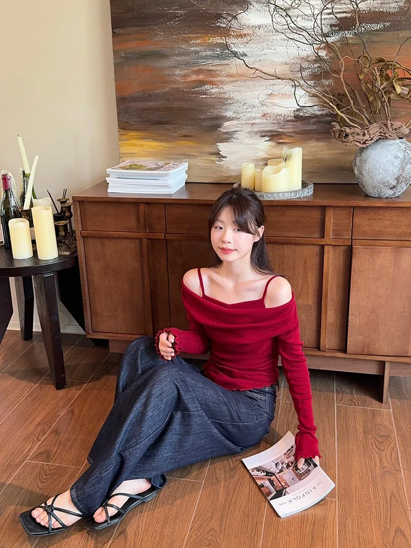 Fake Two-piece Off Shoulder Long Sleeve T-shirt Women's Sexy Slash Neck Flare Sleeve Base Shirt Top Autumn Casual Slim Fit Tops