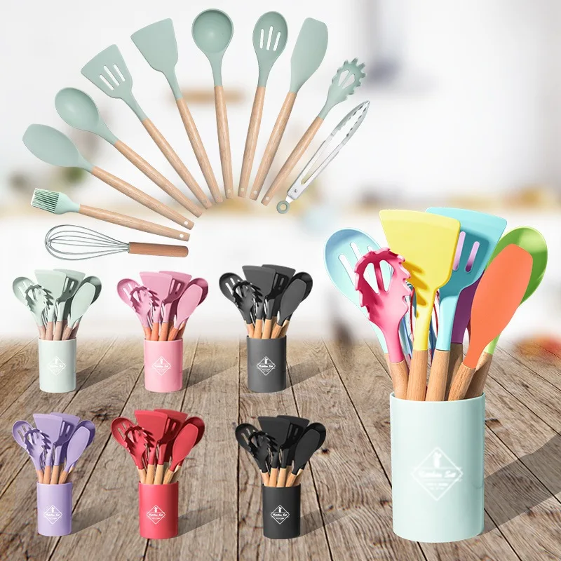 12Pcs Silicone Cooking Utensils Set Wooden Handle Kitchen Cooking Tool Non stick Cookware Spatula Shovel Egg Kitchenware Beaters