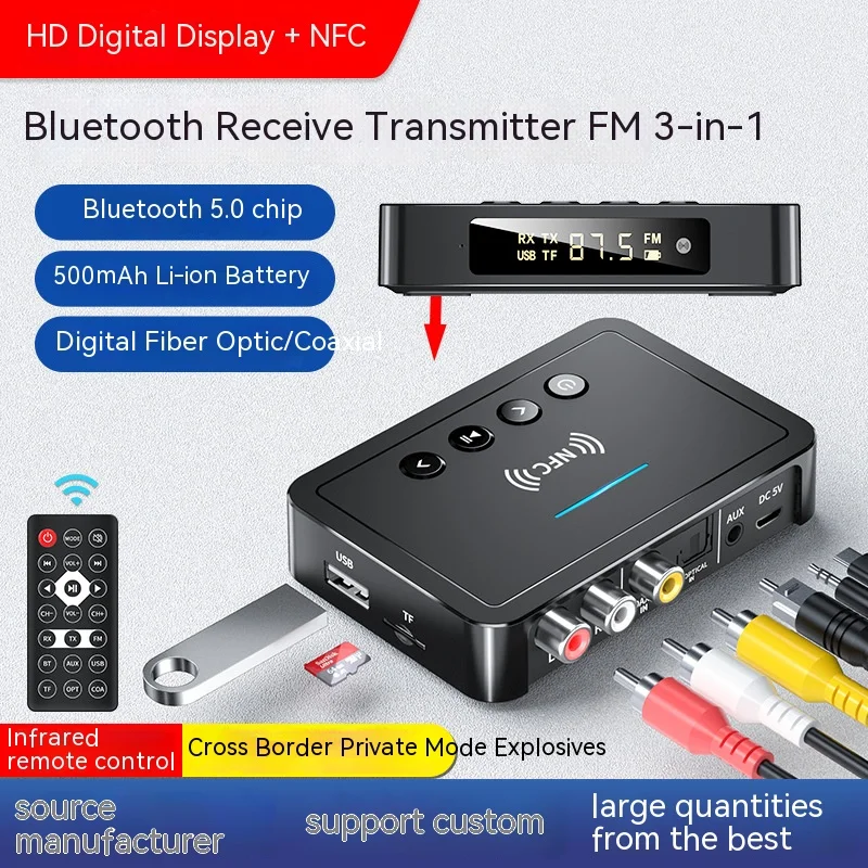 NFC M6 블루투스 리시버 5.0 오디오 어댑터, 보조 스피커 링, 자동차 파워 앰프, 무선 U 디스크, TF 카드 플레이어 송신기