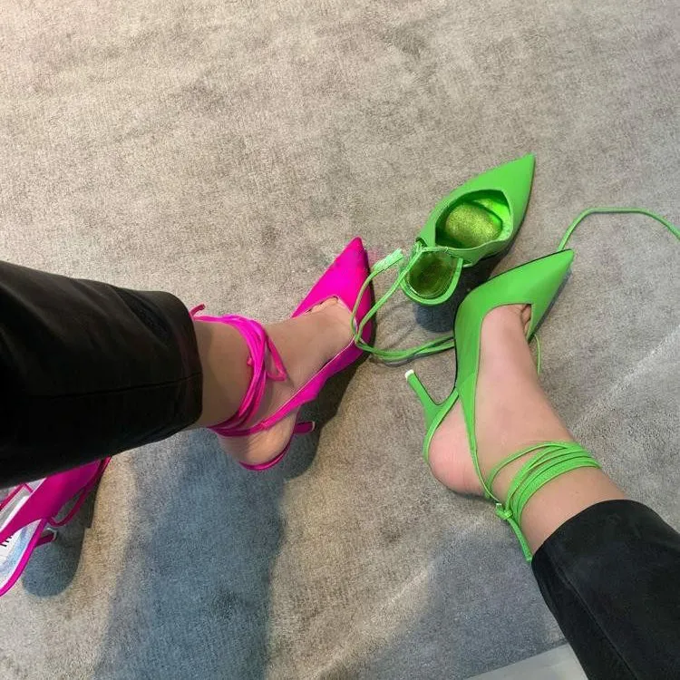 

Pointed Toe Shallow Mouth Ankle Strap Colorful Satin High-Heeled Sandal Lace Up Sexy Catwalk Women's Shoes Tide Shallow Buckle