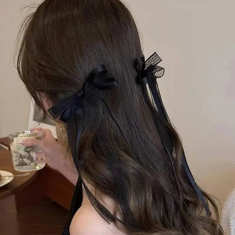 Koreanische Spitzen-Haarspange mit Schleife, trendige lange Haarspange mit Band, Haarband für Frauen und Mädchen, geflochtene Hochzeits-Haaraccessoires – Detail 5