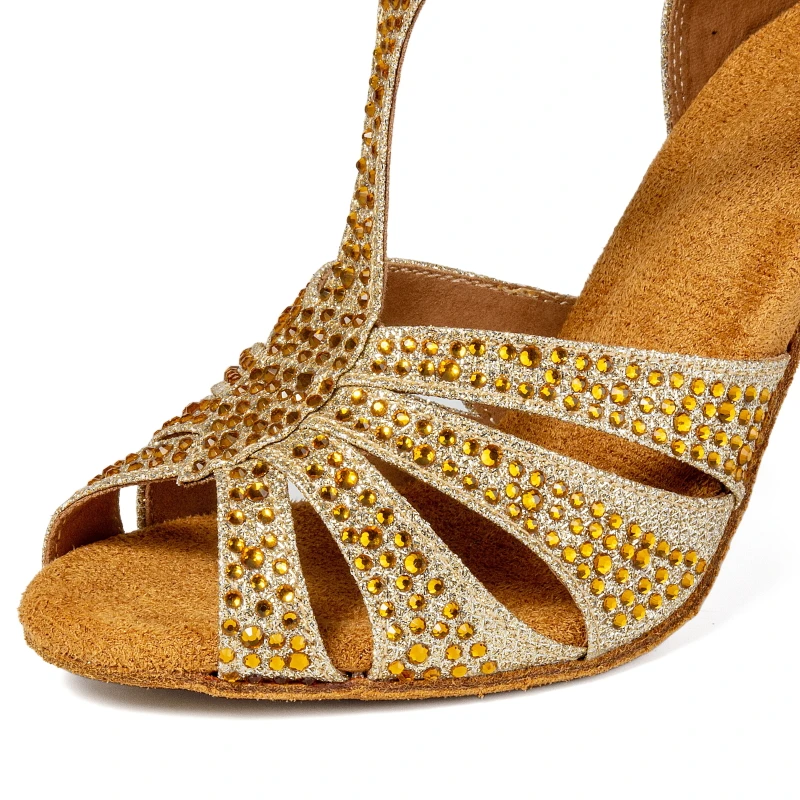 Latin Dance Shoes 2025 New Adult Women's Mid Heel 7.5cm Gold Diamond Set Soft Bottom Dance Shoes 6