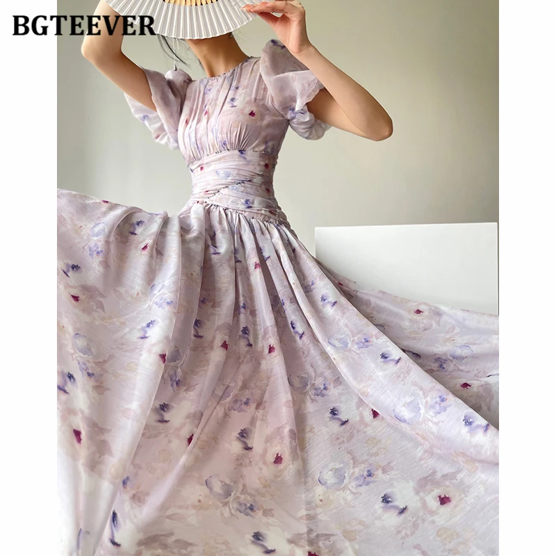 

Платье BGTEEVER женское с пышными рукавами, модное элегантное приталенное миди-платье с цветочным принтом, с о-образным вырезом, на лето