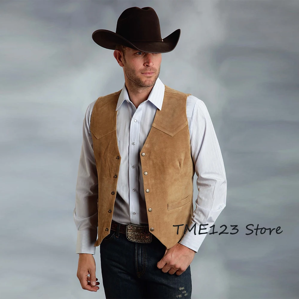 Men's Suede Slim Fit Single Breasted Vest Casual Western Denim Vest 5 Buttons Fashion Classic Clothing