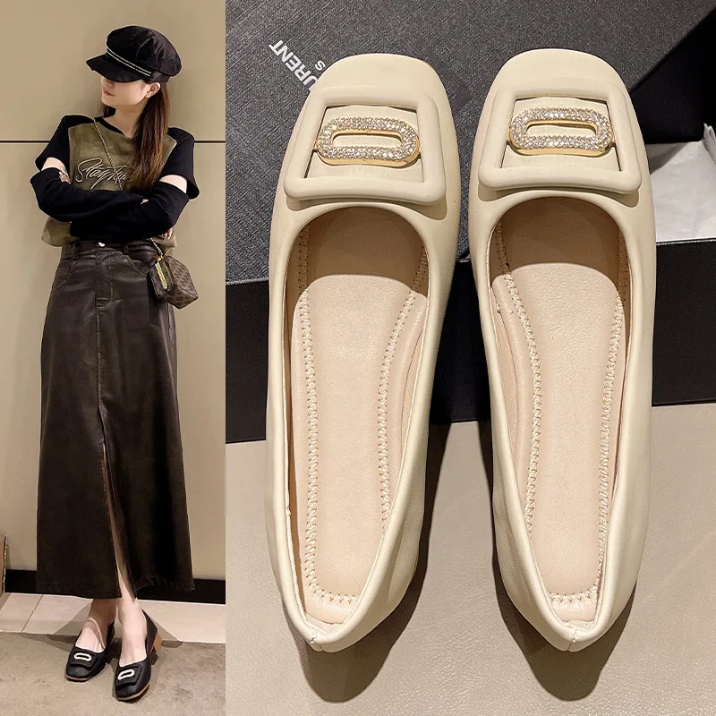 

Повседневная женская обувь, квадратный носок, низкий каблук, модная женская обувь с кристаллами, пряжка, Новинка лета 2024