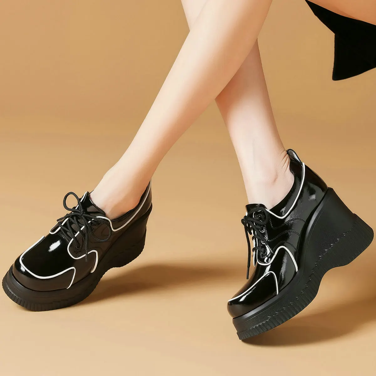 Platform Pumps Shoes Women Genuine Leather Wedges High Heel Ankle Boots Female Lace Up Round Toe Fashion Sneakers Casual Shoes