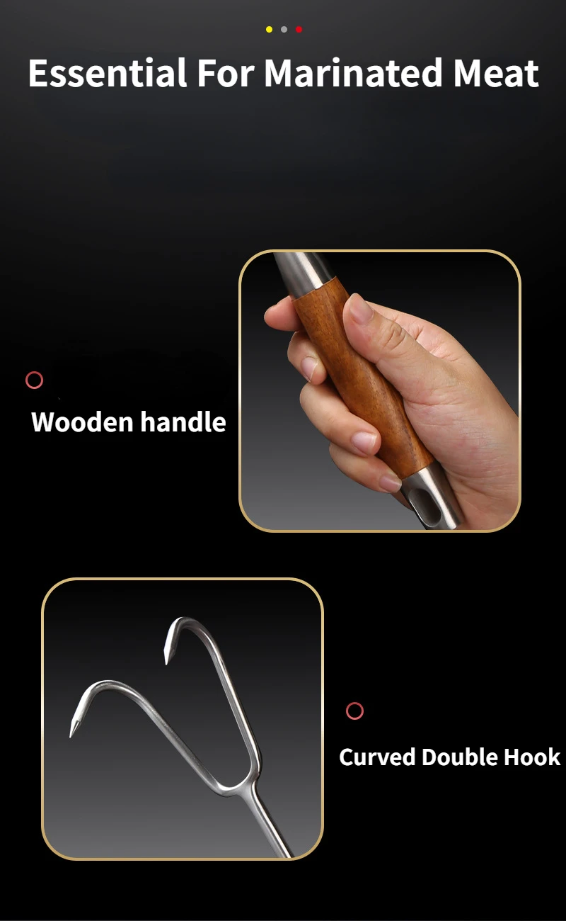 Description Picture 6 of itemFishing Meat Hook Stainless Steel Material Pear Wood Handle Hook Roast Bacon Roast Duck Marinated Meat Double Hook Meat Fork