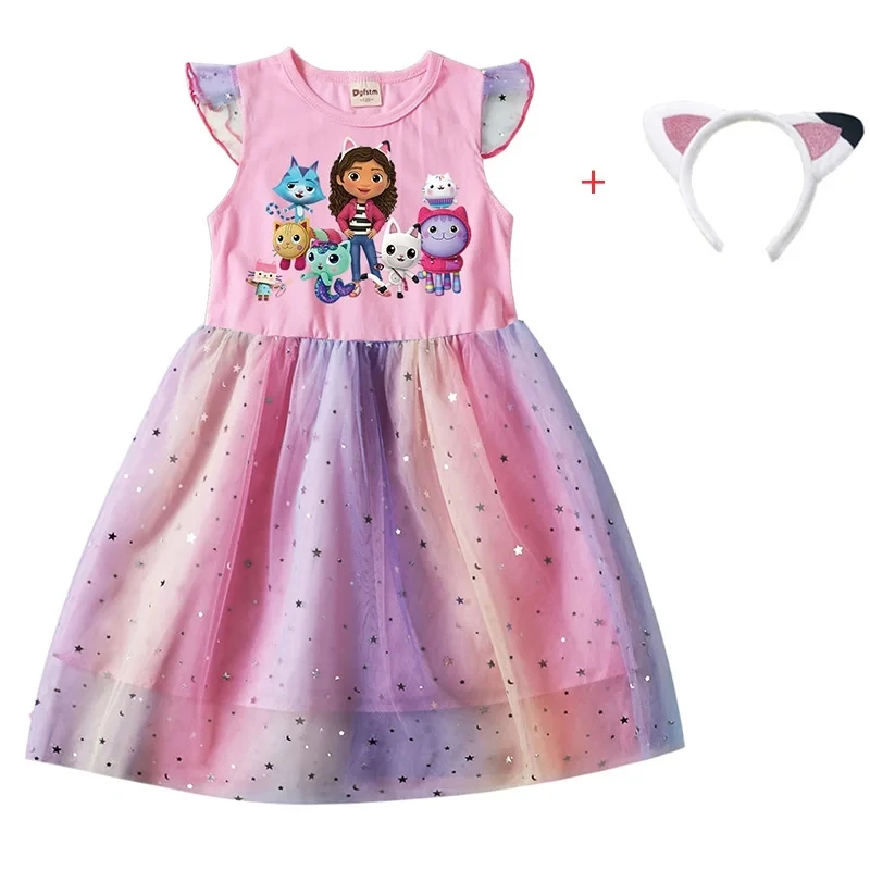 Kids Gabby's Doll House Cosplay Costume Cartoon Gabby Printed Girl Dresses Clothes Children Fly Sleeve Casual Dress + Headband