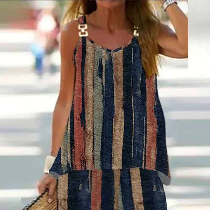 

Vintage Striped Print Harajuku Loose Set Summer Chain Strapsl V Neck Tops Pullover And Long Pants Outfits Women Casual 2pc Suits