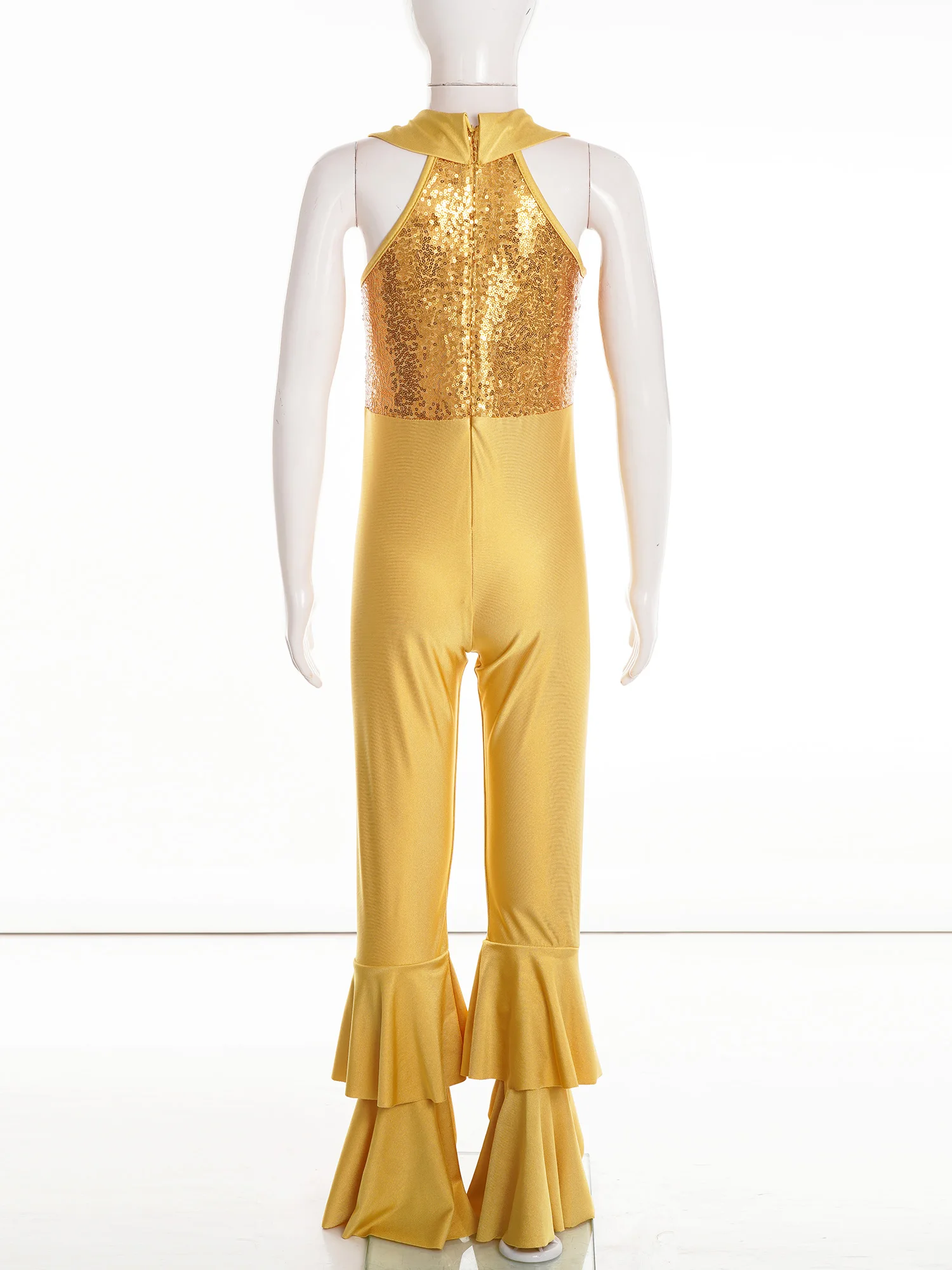Kids Girls Ballroom Dance Costumes Shiny Sequins Zipper Diamond O-ring Front Tiered Bell-bottom Long Pants Disco Dance Leotards