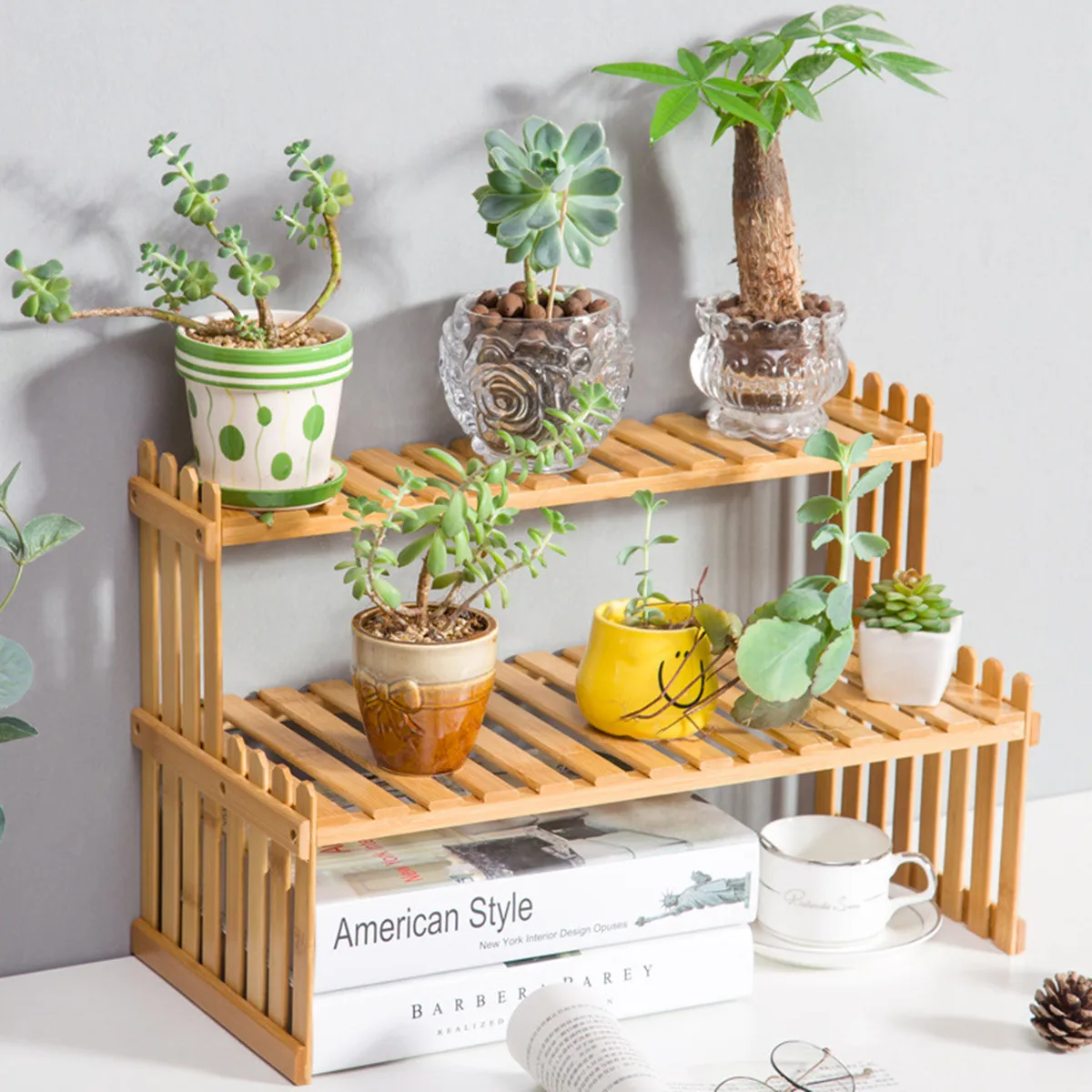 2Tier Simple Modern Decorative Natural Bamboo Flower Pot Plant Display Stand Shelf,Books Kitchen Household Supplies Storage Rack 5