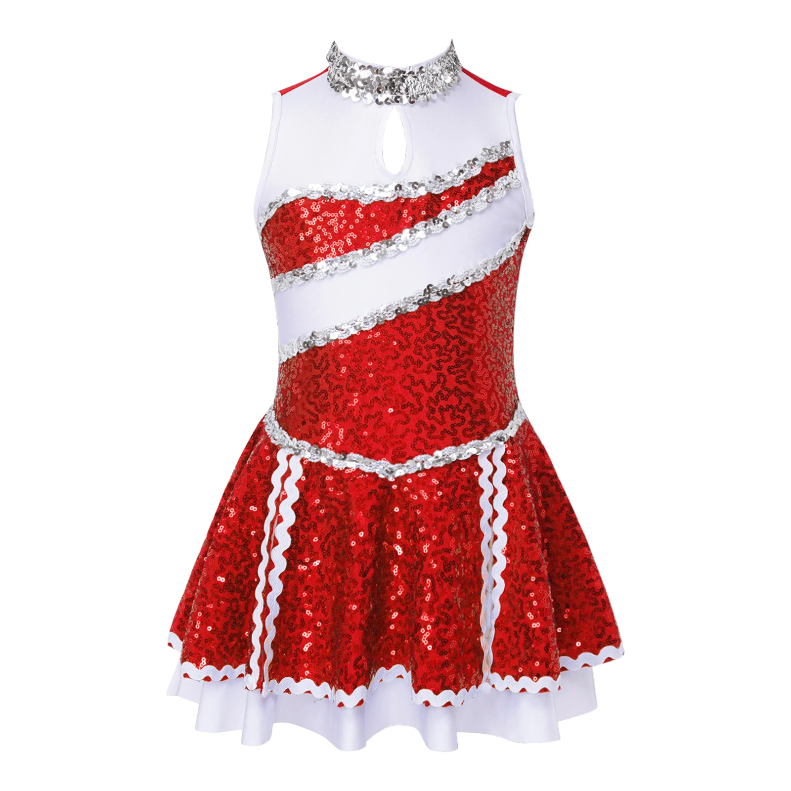 Kids Girls Cheerleading Uniform Schoolgirl Dance Costume Sleeveless Shiny Sequins Dance Dress Cheer Figure Skating Ballet Dress