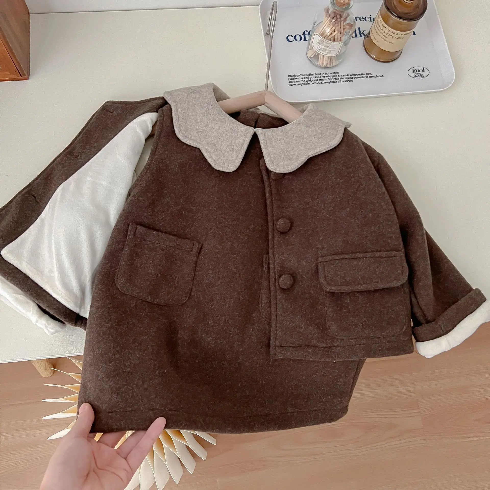 

Korean Children Girl 2PCS Clothes Set Winter Handmade Woolen Cashmere Coat Sleeveless Dress Exquisite Suit Toddler Girl Outfit