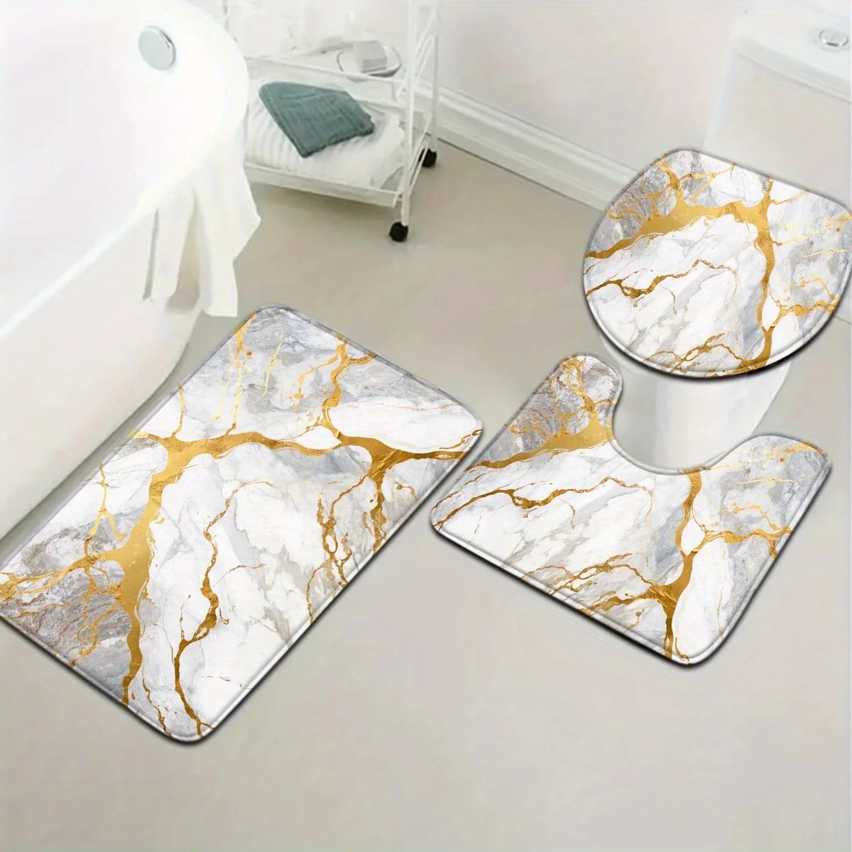 Luxury Gold Vein Marble Bathroom Set - Soft & Non-slip Contour Mat, Toilet Cover, and Bathtub Mat for Elegant Home Decor 4