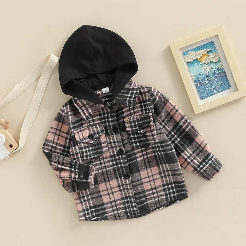 FOCUSNORM 1-6Y Fashion Kids Boys Autumn Jacket Outwear Hooded Single-Breasted Plaid Printed Long Sleeve Shirts