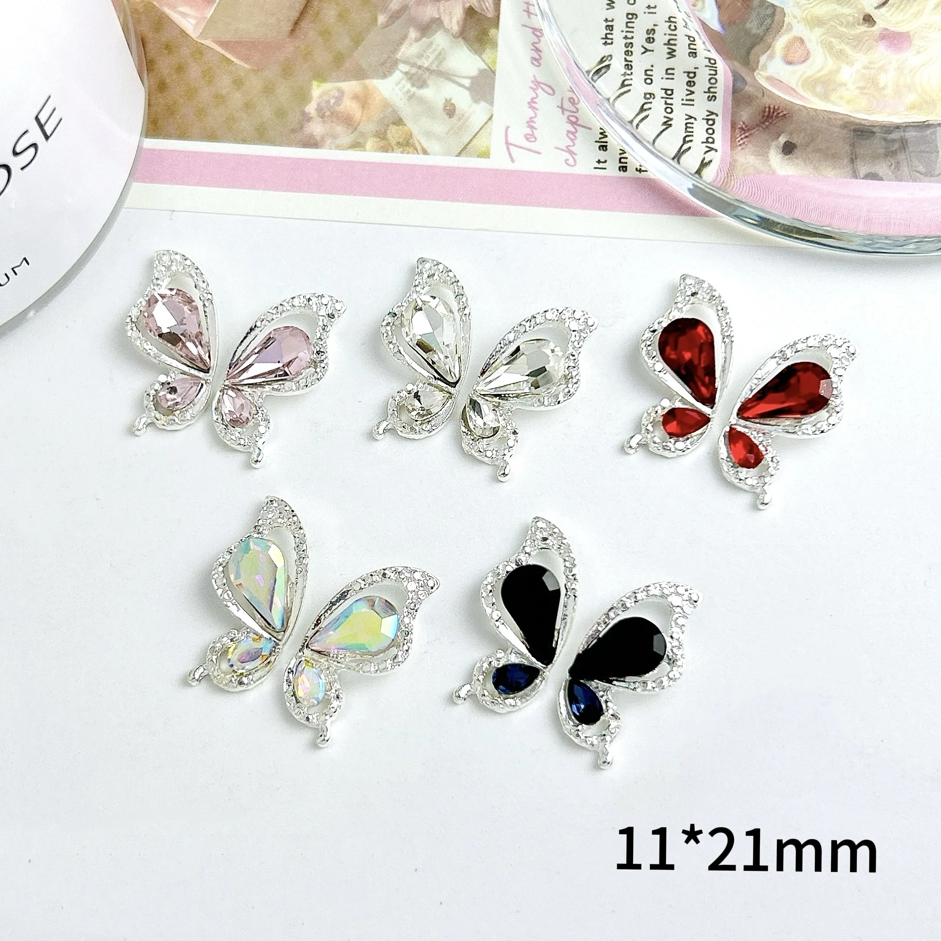 10Pcs Exquisite Colored Glass Nail Rhinestones Charms Hollowed-out Full Diamond Alloy Half Wings Nail Decorations DIY Manicure