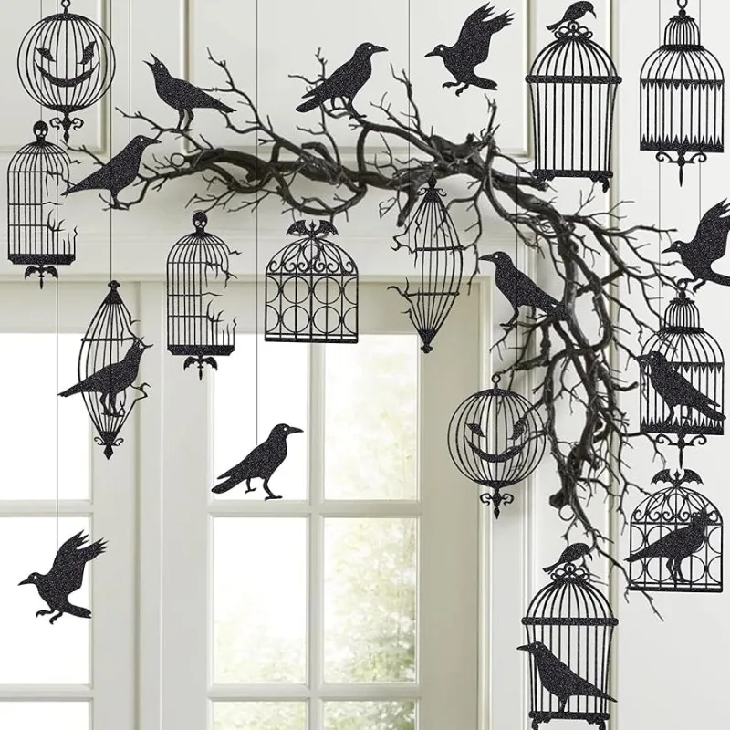 

Black Crow Cage Decorations for Halloween Birthday Hanging Decorations Raven Bird Cage Banner for Horror Theme Party Supplies