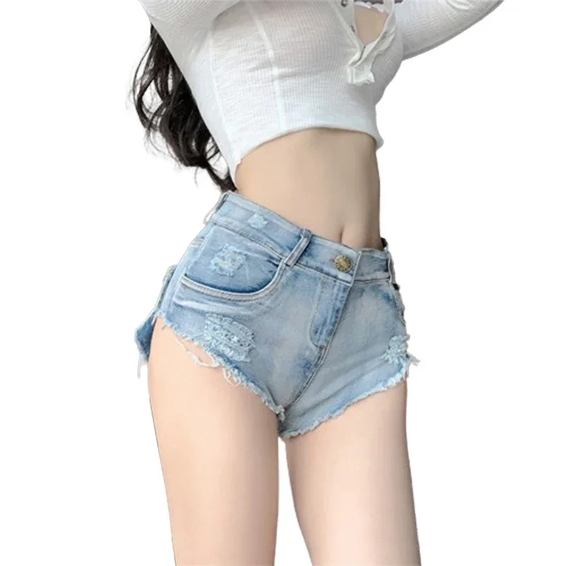 Sexy High Waist Hip Lift Ultra-Short Denim Shorts Women Tassel Splice Broken Holes Triangle Trousers Female Three Quarter Pants