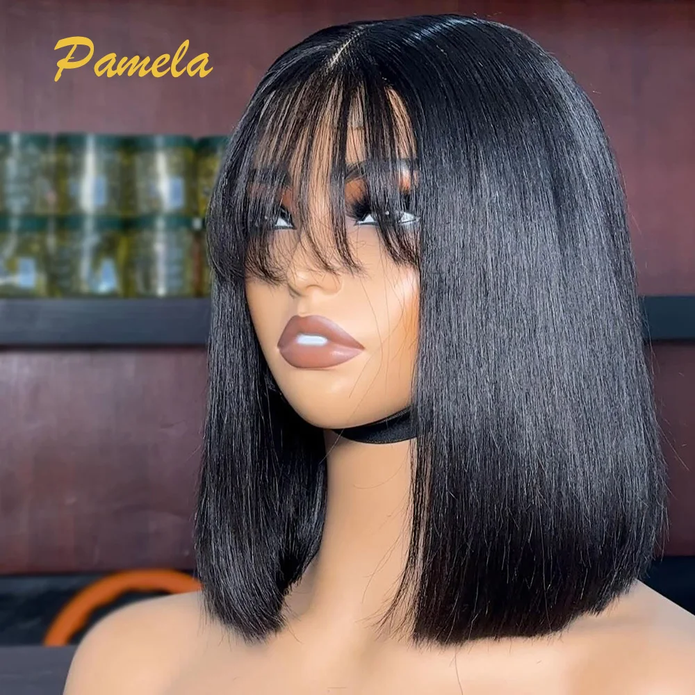 250% Density Glueless Wig Human Hair Bone Straight 13X6 HD Transparent Lace Frontal Princess Hair Wig Ready To Wear With Bangs