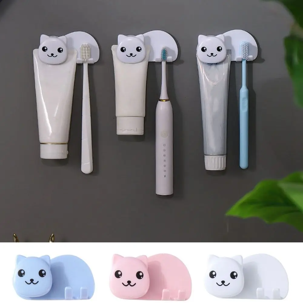Plastic Cat Shaped Toothbrush Holder 2 in 1 Toothbrush Toothpaste Rack Wall Mounted Facial Cleanser Storage Clip