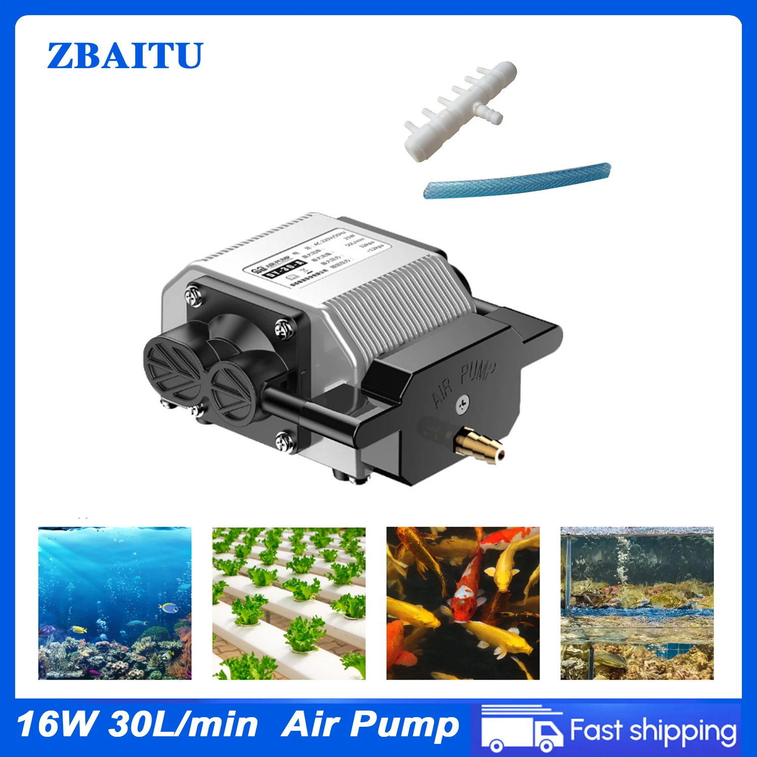 ZBAITU Air Pump for Aquariums Hydroponic Systems with Air Flow Control Lever Valve Adjustable Airflow Fish Tank 16W 30L/min