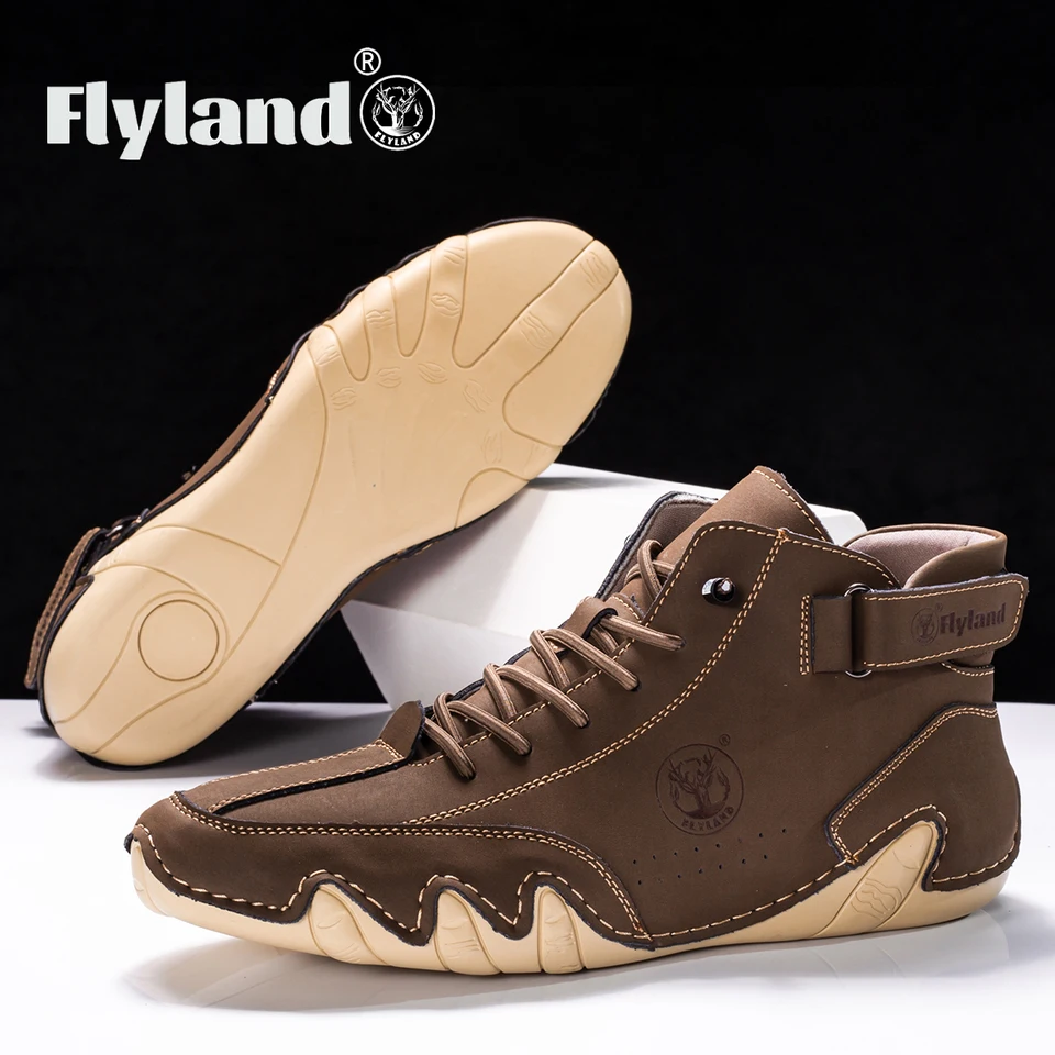 FLYLAND 남성 패션 빈티지 핸드 스티칭 소프트 비즈니스 캐주얼 가죽 앵클 부츠, 수제 신발