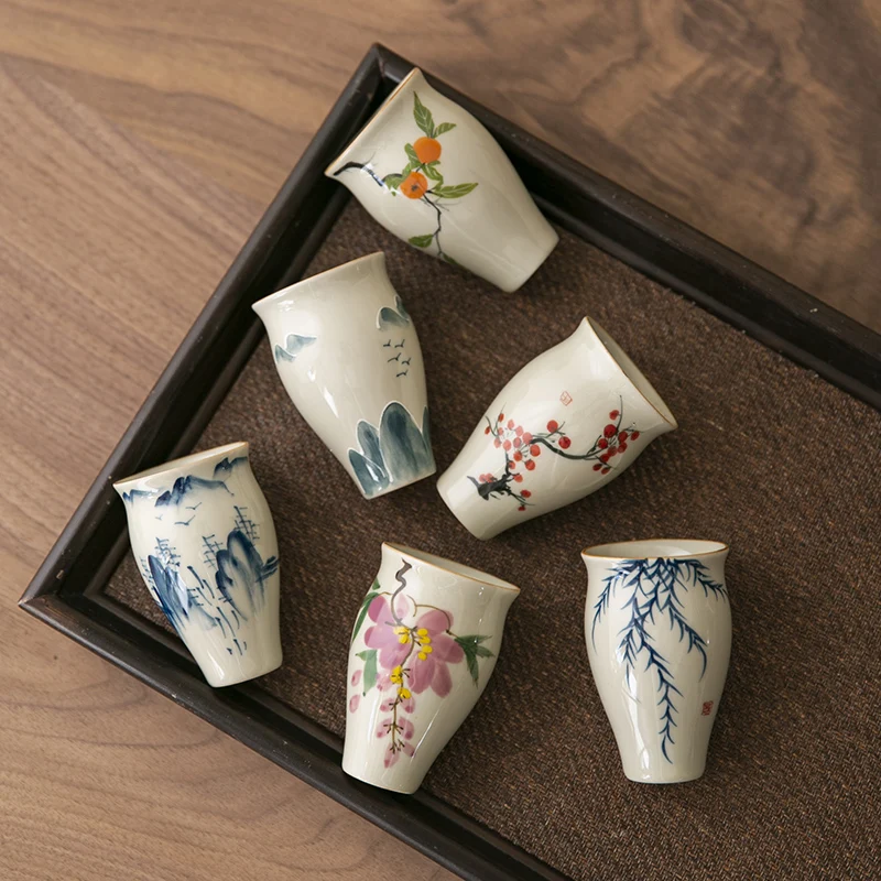 1 Pc Chinese Vintage Hand-painted Flowers Tea Cup Handmade Tea Bowl Household Teaware Travel Personal Master Teacup 55ml