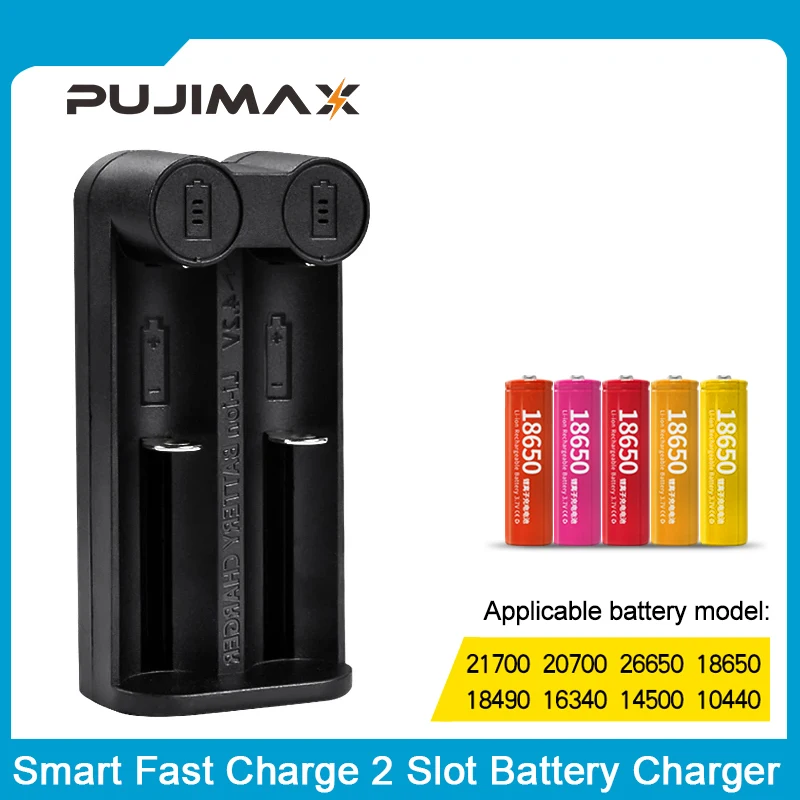 PUJIMAX 18650 battery charger Smart charging 2 slot 3.7V 26650 18350 32650 21700 26500 Rechargeable Battery charger battery charger battery charger adapter