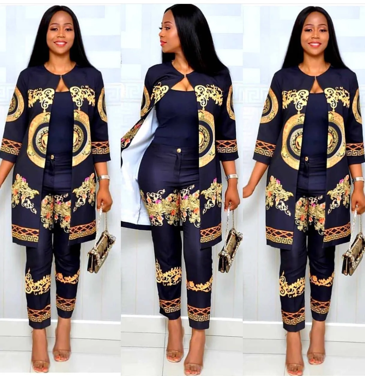 African Dresses For Women Abaya Turkey Office Lady Outfits African Clothes Print Jacket Coat and Long Pants Suits Tracksuit Fema