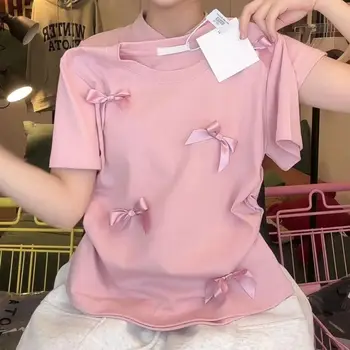 Fashion Ballet Bowknot T Shirts Short Sleeve Round Collar Women Top Solid Color Japanese Style Ribbon Crop Tank Top Women Girl 1