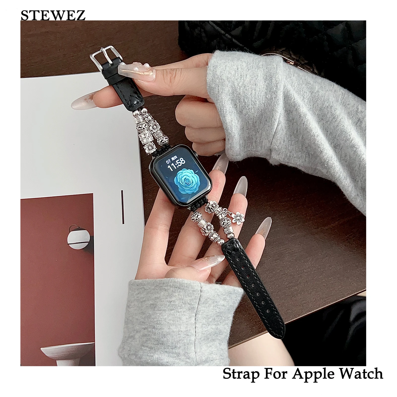 Металлический ремешок для Apple Watch, браслет, тибетский серебряный Цветочный браслет с Iwatch987654SE Ultra40 41 44 45 мм, женский милый кожаный браслет
