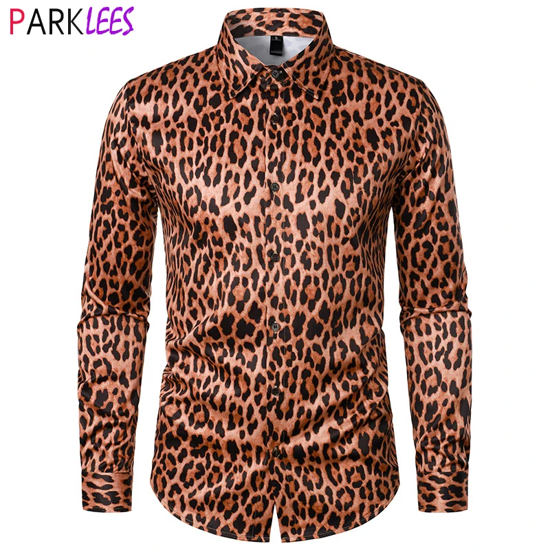 

Mens Vintage Leopard Printed Party Shirt Long Sleeve Button Down Cheetah Pattern Shirts Men Hipster Causal Neon Disco Shirt Male