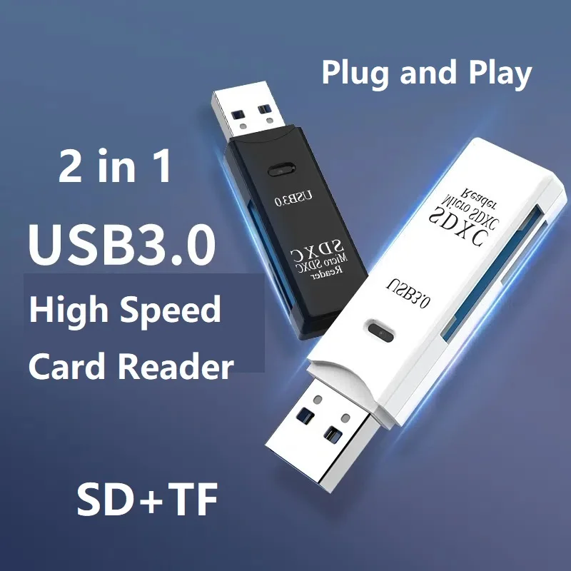 Alta Velocidade Memory Card Reader, 2 em 1, USB 3.0, Leitor de Cartão Micro SD, SDXC, SDHC, TF, SDHC, UHS-I Cartões, PC, Laptop