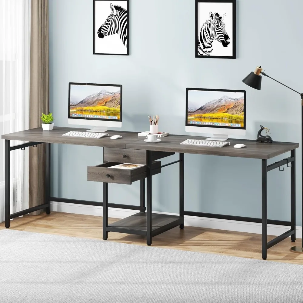 79 Inch Extra Long Desk, Double Desk with 2 Drawers, Two Person Desk Long Computer Desk with Storage Shelves, Writing 4